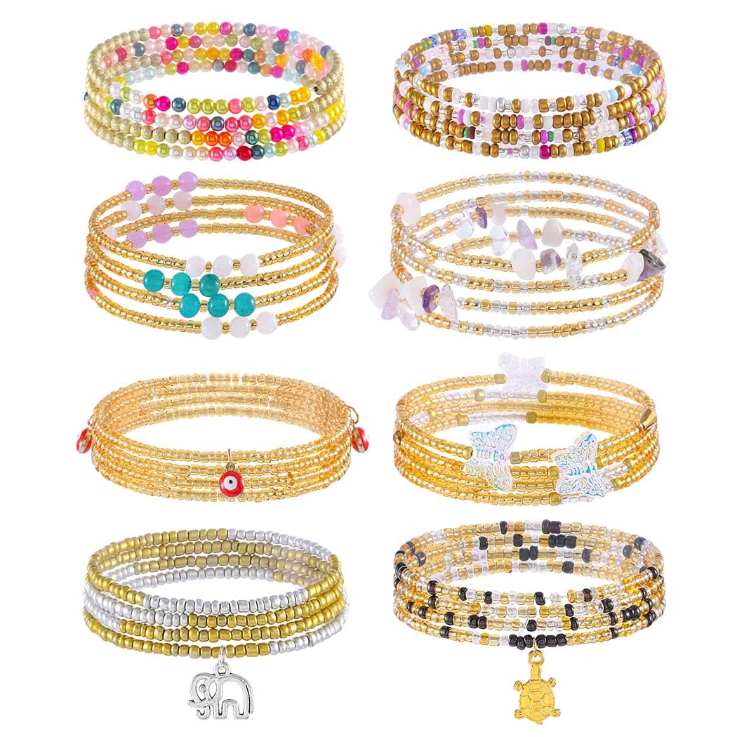 ELABEST 24-39inch African Waist Beads for Women 8Pcs Elastic Belly Beads Colorful Beaded Waist Jewelry Accessories Body Chain (Gold, 31.5inch/80cm)