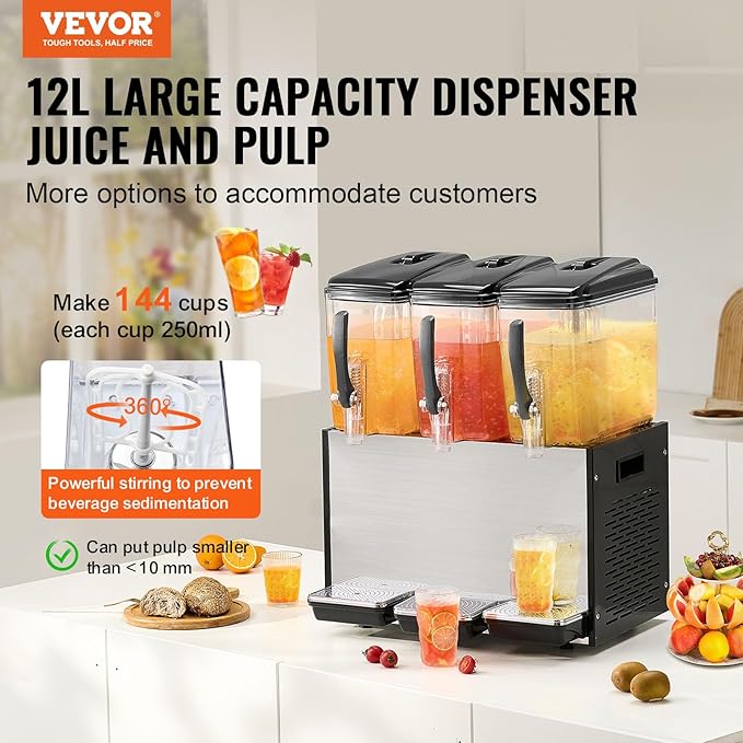 VEVOR Commercial Beverage Dispenser, 3 Tanks 12 L / 12.7 QT Per Tank Juice Dispenser, 370W Stainless Steel Ice Tea Drink Machine with 45°F-54°F Cooling Temperature, for Cold Drink Restaurant Bar Party