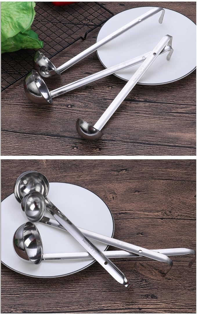 3 Pcs 2 oz Stainless Steel Soup Ladle Set, Long Handle Serving Spoons with Hooked Handles, Kitchen Cooking Utensils for Sauce Gravy Stew