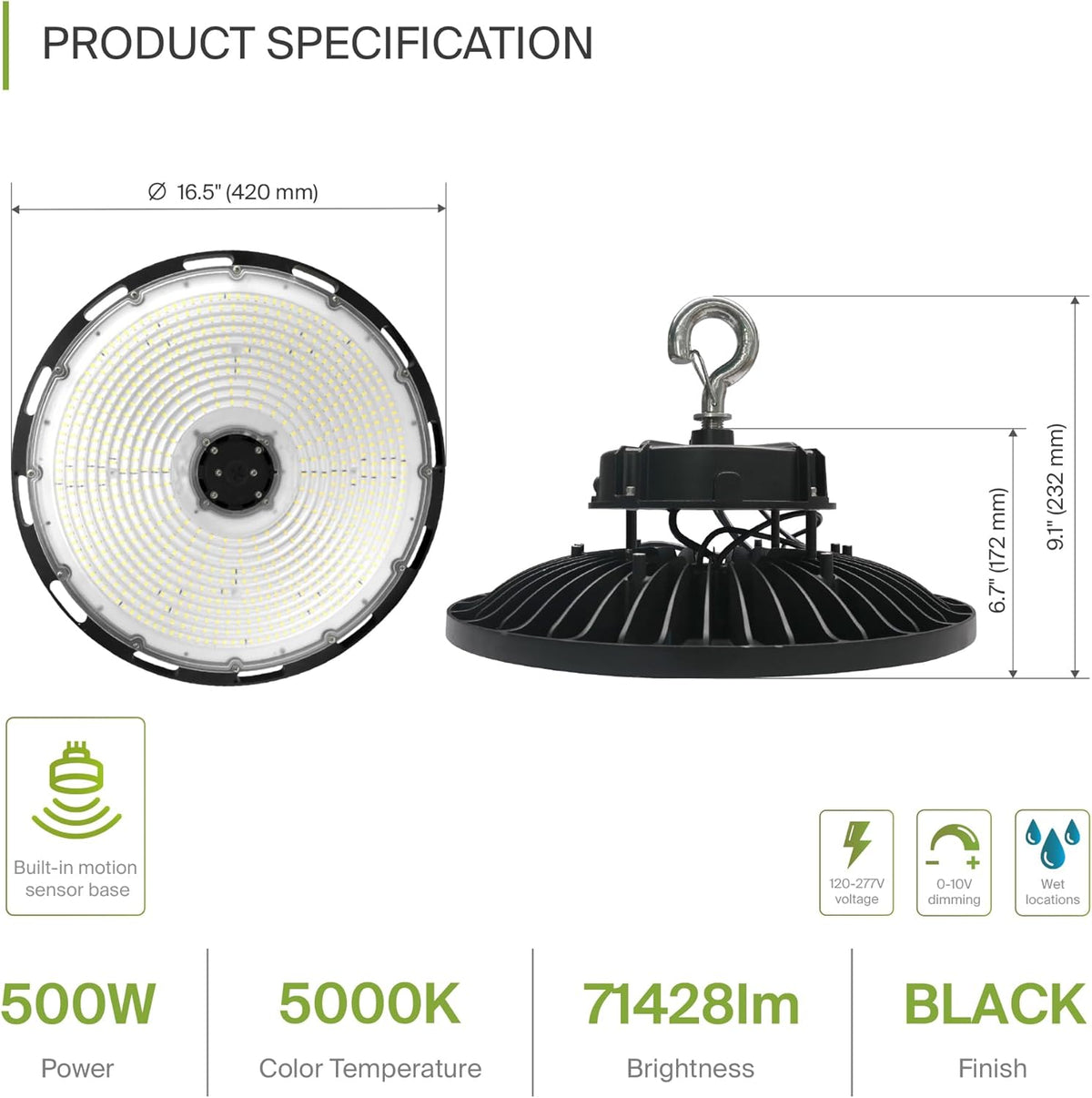 ASD LED High Bay UFO Light Fixture, Commercial Shop Lighting | Dimmable, IP69K Waterproof, DLC Premium, UL Listed | 500W 71400LM 5000K 100-277V | Warehouse, Garage, Workshop Lamp | Black