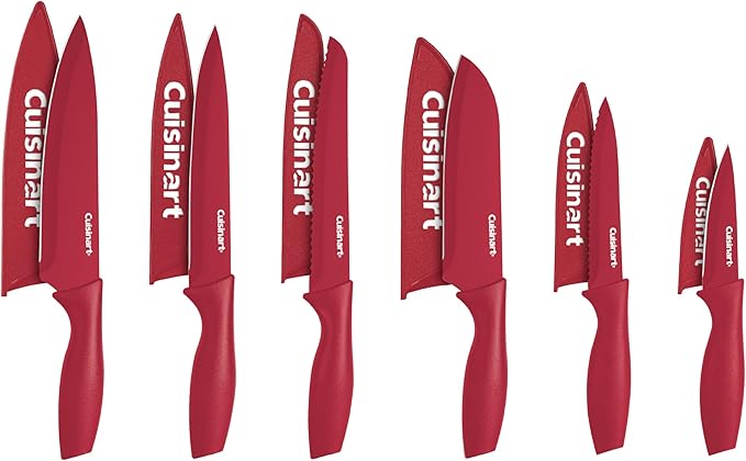 Cuisinart Knife Set, 12pc Ceramic Coated Knife Set with 6 Blades & 6 Blade Guards, Lightweight, Stainless Steel, Durable & Dishwasher Safe (Red)