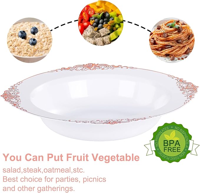 Nervure 50PCS White Plastic Bowls with Rose Gold Rim - 12oz White Disposable Soup Bowls, Heavy Duty Salad Ice Cream Bowl Perfect For Weddings, Parties and Everyday Use