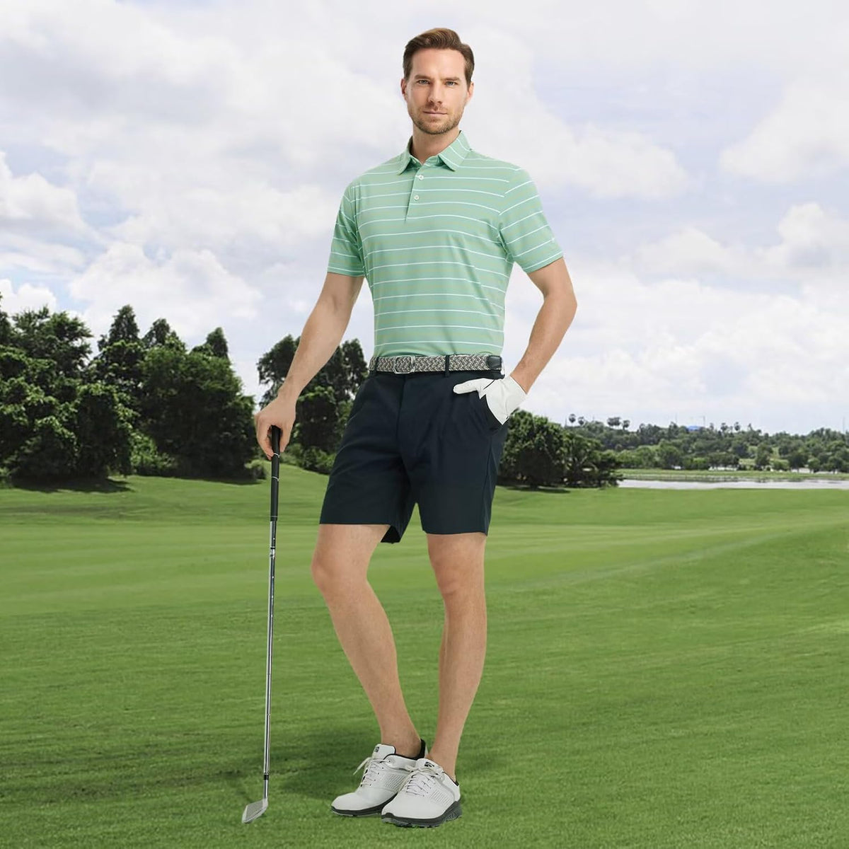 Rouen Mens Golf Shirt Moisture Wicking Dry Fit Performance Stripe Casual Collared Short Sleeve Golf Polo Shirts for Men