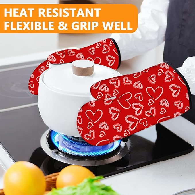 White Love Hearts Oven Mitts and Pot Holders Sets 4Pcs,Extra Long Oven Gloves Potholder for Kitchen Cooking Baking BBQ 100% Cotton Heat Resistant