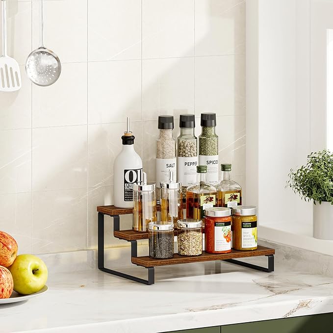 Giikin 3-Tier Spice Rack, 13.8 Inch Wood Step Shelf Countertop Spice Storage Holder, Kitchen Pantry Cabinet Organizer Cupboard for Spice Bottles, Jars, Seasonings, Baking Supplies, Metal Frame