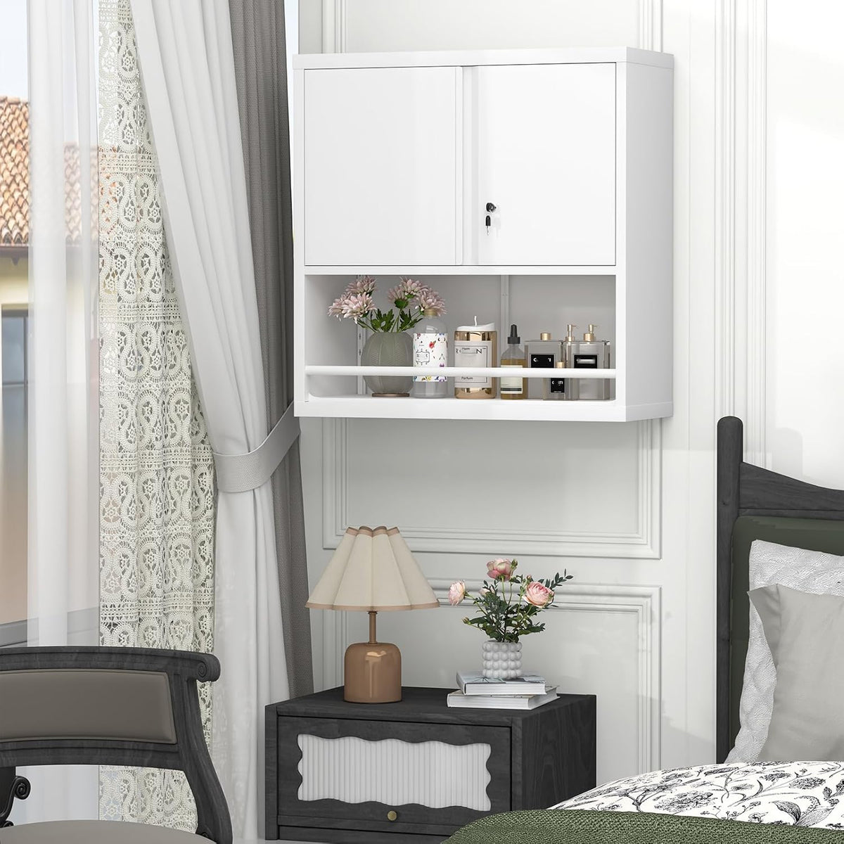 GREATMEET 31" H Locking Metal Garage Storage Cabinet with Doors and Shelves, Lockable Wall Cabinet Storage, White Steel Wall Mount Cabinet Hanging Floating for Office Utility Room