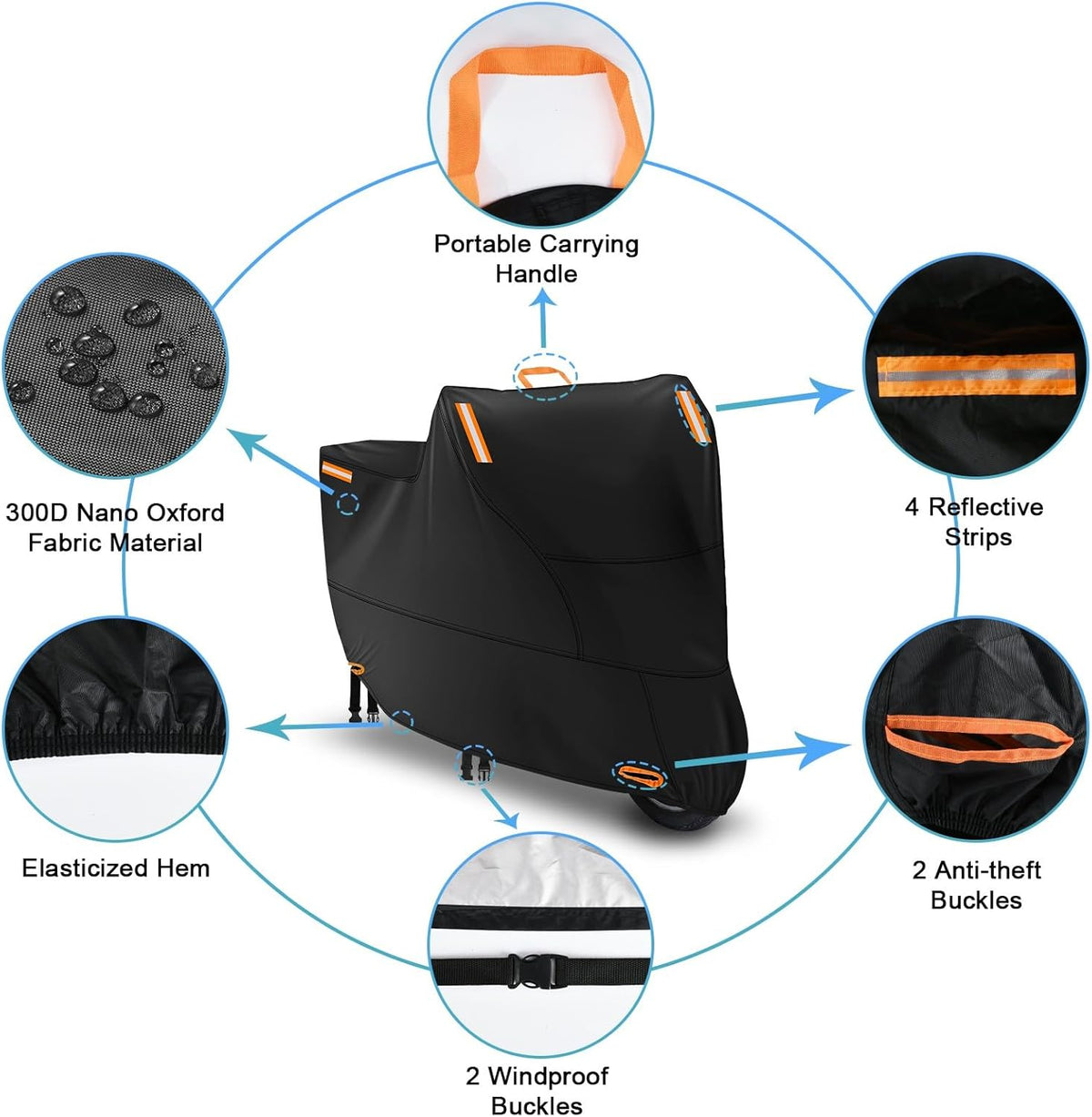 Moped Cover Waterproof Outdoor, Motorbike Scooter Covers for Outside Sun Rain Dust Protection with 4 Reflective Strips and 2 Fixed Buckles, 2 Lock-Holes for Motorcycle Sportbike (M: 79 x 35 x 39 inch)