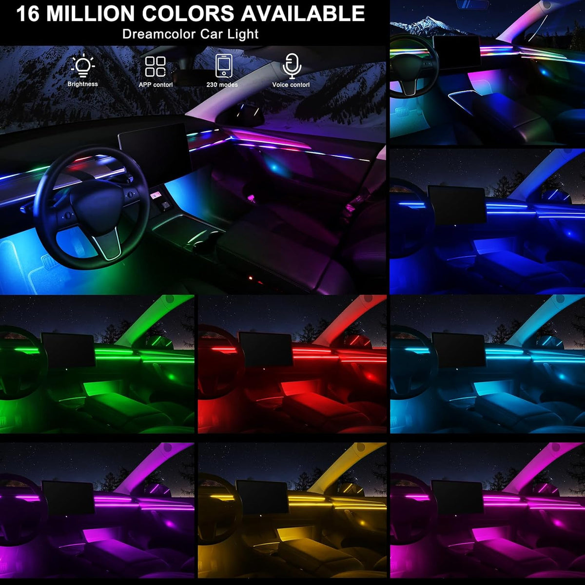 Dream+Color Acrylic Interior Car LED Strip Light with Wireless APP, RGB 14 in 1 with 175 inches 593 Neon Ambient Lighting Kits, Dynamic Chasing Music Sync LEDs Fiber Optic Strip Lights for Car