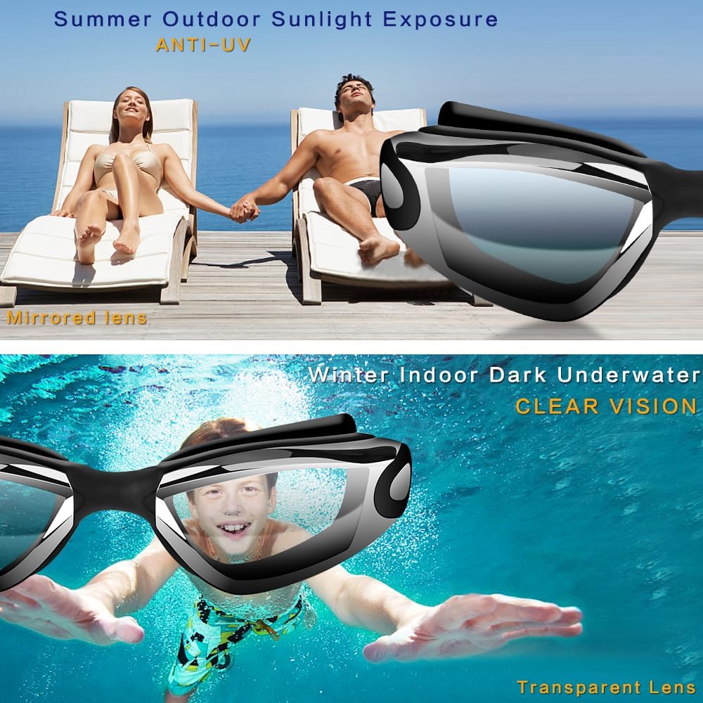 Swim Goggles Swimming Goggles No Leaking with Nose Clip, Earplugs, Swim Cap and Case for Men Women