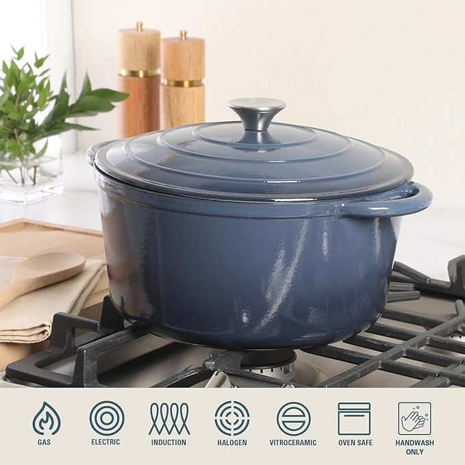 Gibson Home Addlestone 7 Qt Enameled Cast Iron Dutch Oven Pot with Lid – Round, Oven Safe to 500°F, Ideal for Bread Baking & Stews - Gradient Navy Blue