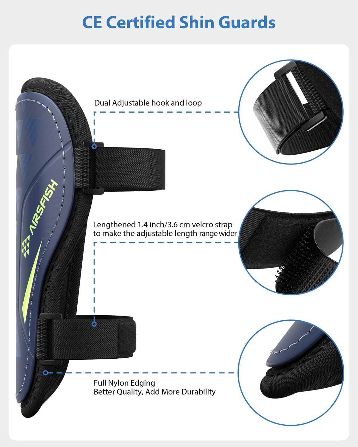Shin Guards Soccer Kids Youth, CE Certified Airsfish Shin Guard Protection Gear for 2-18 Years Old Boys Girls Teenagers High Impact Resistant Breathable Comfortable 1 Pair 4 Sizes
