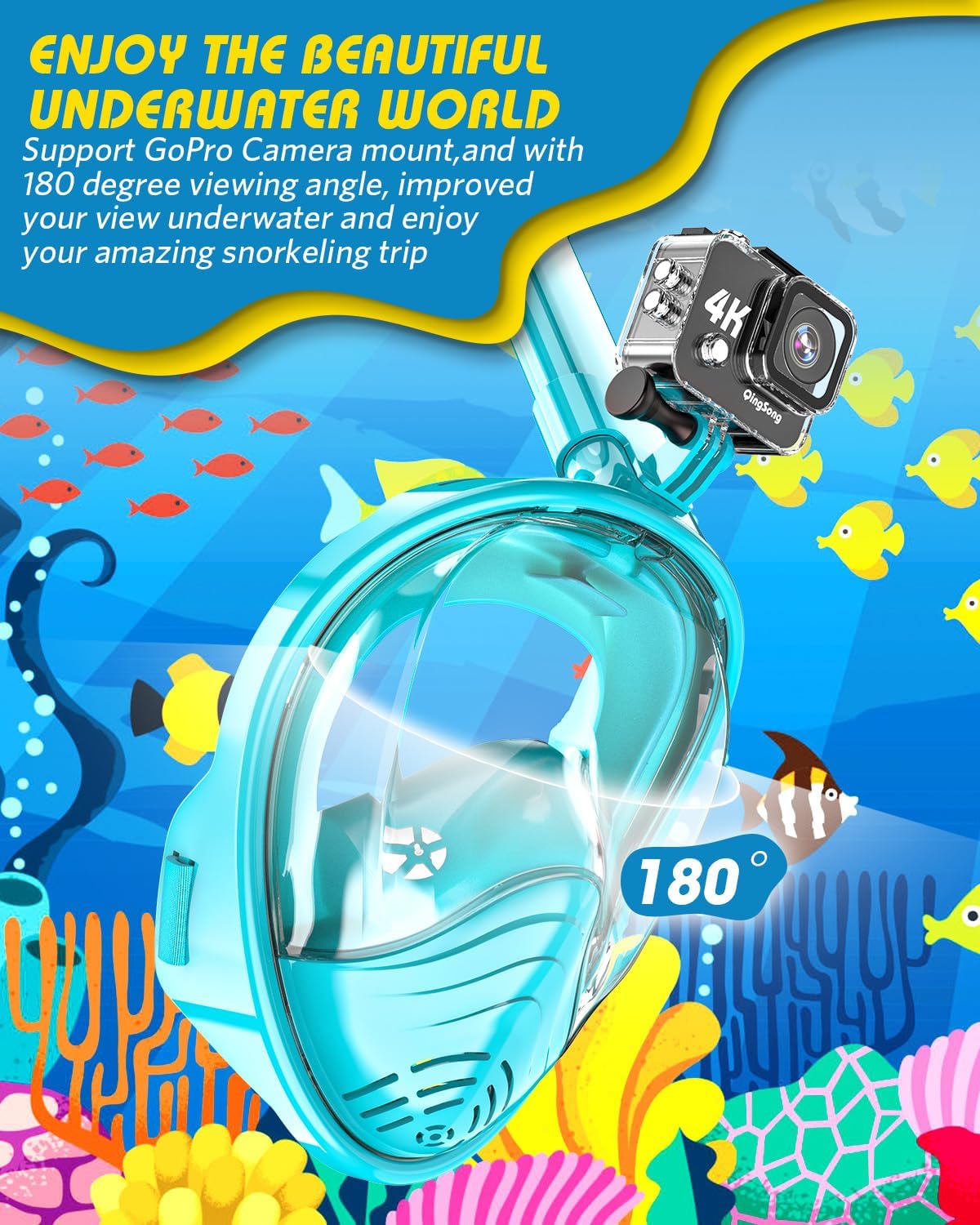 QingSong Kids Snorkel Mask Full Face, Snorkeling Set with Camera Mount, Foldable 180 Degree Panoramic View Snorkeling Gear Anti-Fog Anti-Leak