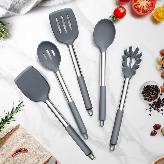TeamFar Silicone Cooking Utensils Set, 5 PCS Heat-Proof Kitchen Utensils with Stainless Steel Handle, Turner/Spoon/Pasta Server for Nonstick Cookware Frying Flipping Draining, Light Grey