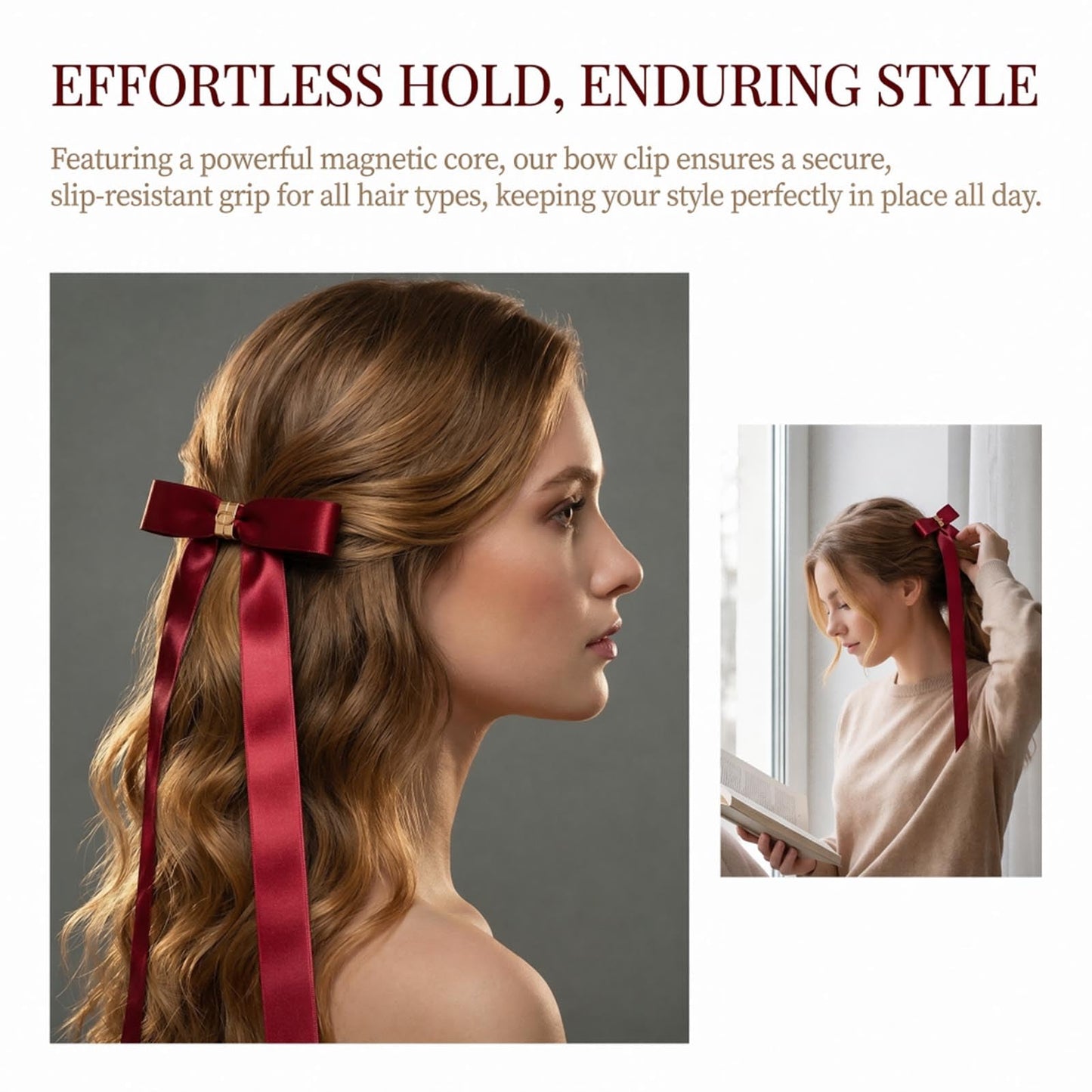 ASTRULUME 2Pcs Magnetic Hair Bows, Satin Ribbon coquette Bow Clips with Strong Hold No-Slip Design, 2-in-1 Instant Snap-On Hair Accessories for Women Girls(Champagne)