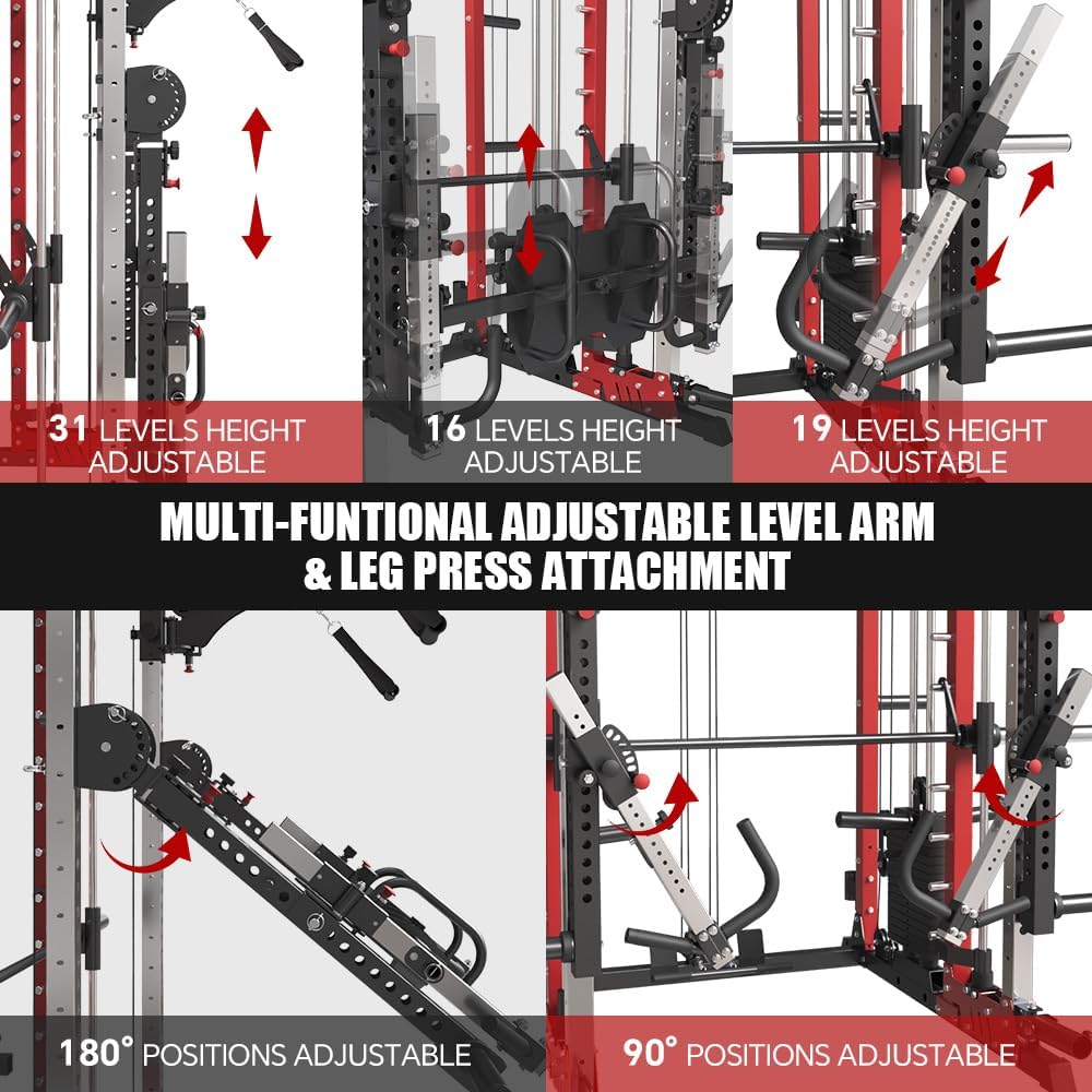 FAGUS Commercial Smithe Machine with 308lb Dual Weight Stacks, 4000LBS Power Cage Squat Rack with Lever Arm & Leg Press, Multi-Function Linear Bearing Cable Crossover Machine for Home Gym