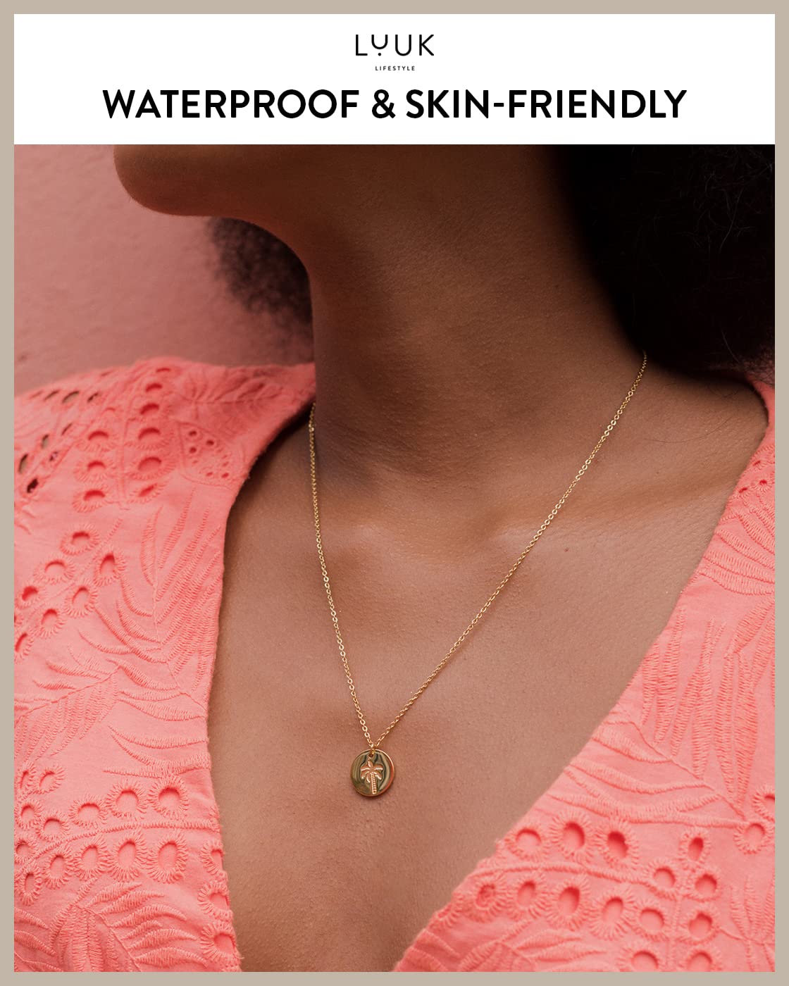 LUUK LIFESTYLE Feminine necklace for women with palm tree pendant and HAPPINESS card, modern and minimalist fashion accessory, holiday jewelry, travel lucky charm, Valentine’s Day, birthday, gold