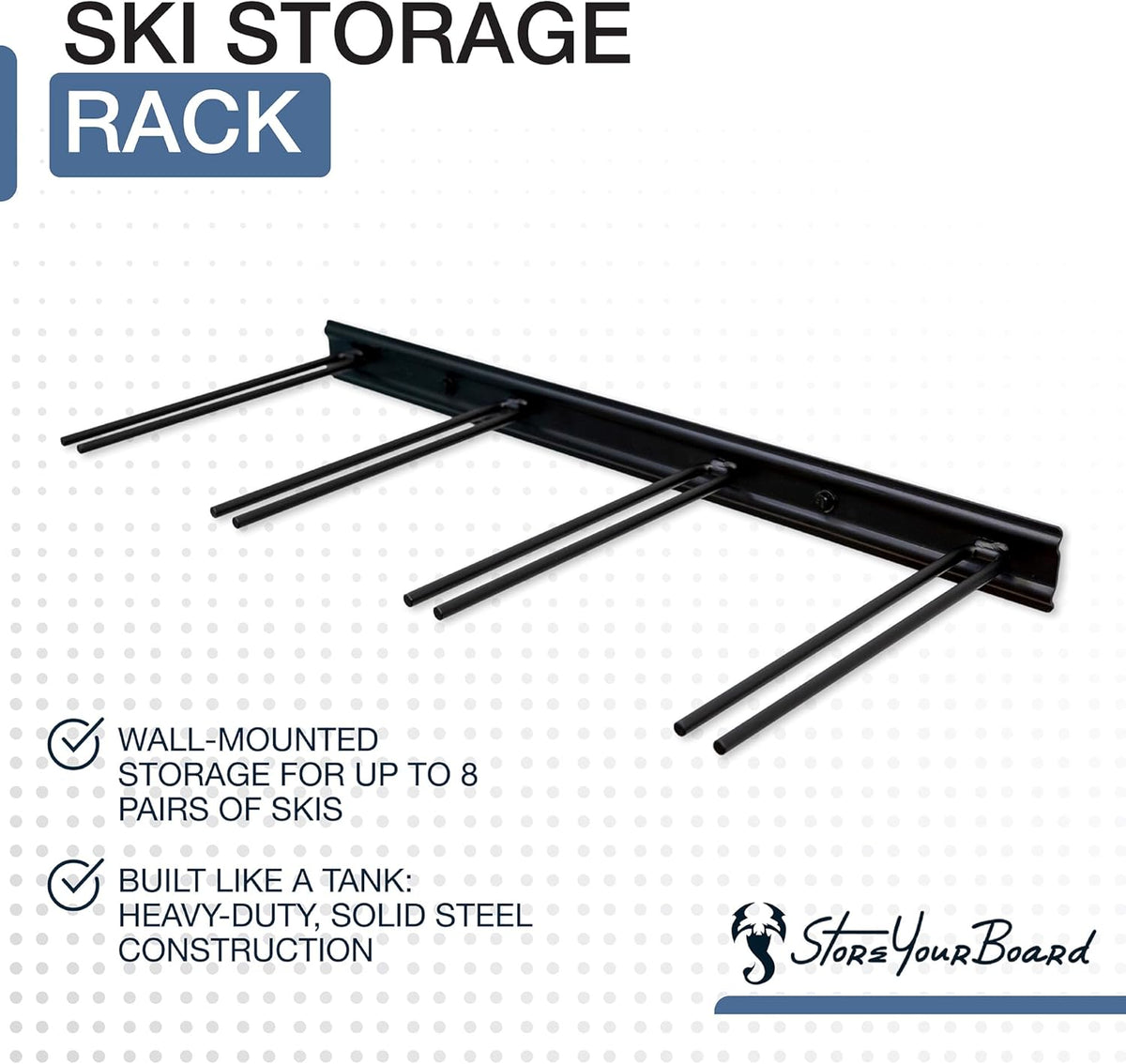 StoreYourBoard Ski Wall Storage Rack – Ski Rack Wall Mount Holds 8 Pairs, Heavy-Duty Steel Ski Holders for Wall, Space-Saving Ski Rack for Garage & Home, Holds Up to 200 lbs