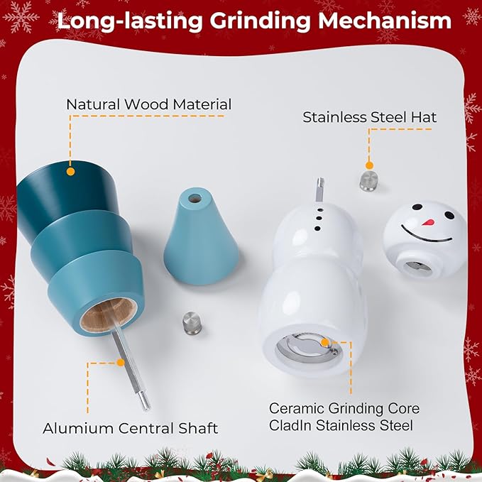Christmas Salt and Pepper Grinder Set, Snowman & Tree Refillable Salt and Pepper Mills with Adjustable Ceramic Core, Wooden Manual Salt and Pepper Shakers for Kitchen,Gift, Christmas Decor