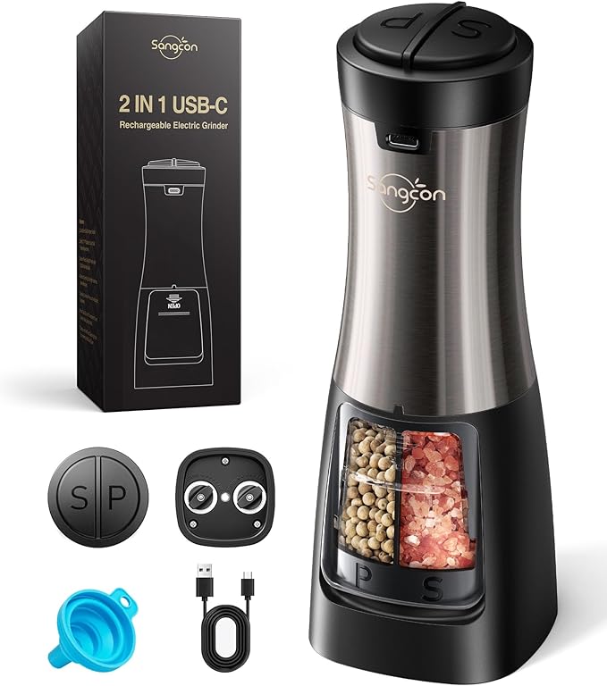 Sangcon Electric Salt and Pepper Grinder Set Shakers 2 IN 1 - USB RECHARGEABLE Salt and Pepper Mill Set All in One, Automatic Refillable Adjustable Coarseness Ceramic Grinder with Light