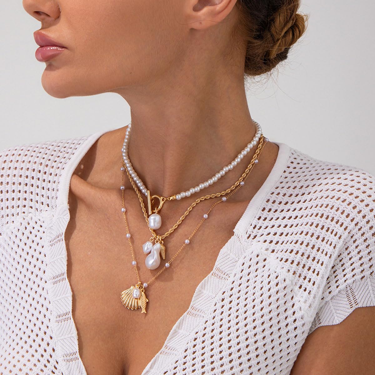 Seashell Necklace Beach Jewelry for Women Starfish Fish Necklace Boho Pearl Choker Sea Shell Necklaces for Women Beach Necklaces Summer Vacation Jewelry (Style1)