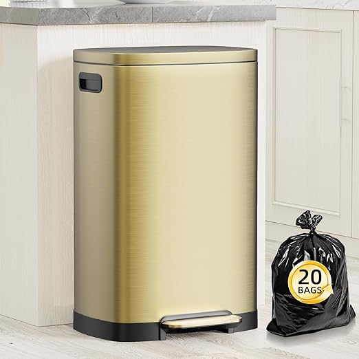 KdbK 13 Gallon Trash Can with Lid, 50L Fingerprint Proof Stainless Steel Kitchen Trash Can with Removable Inner Bucket and Lid Soft Close, Pedal Rubbish Bin for Home Office, Gold