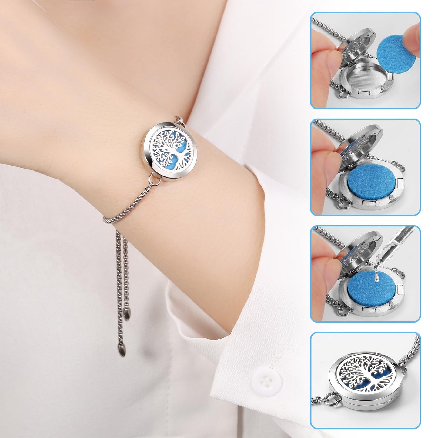 Aromatherapy Essential Oil Diffuser Bracelet, Tree of Life Pattern Locket Adjustable Link for Women Birthday Jewelry Gifts Trendy for Wife Mothers(Rose Gold)
