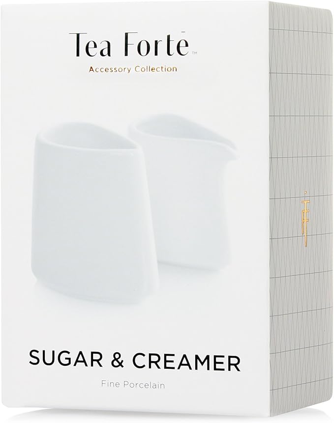 Tea Forte 2 Piece Mini Fine Porcelain White Sugar Dispenser with Spout and Creamer Pitcher Tea and Coffee Bar Accessory Serving Set for One, Dishwasher Safe