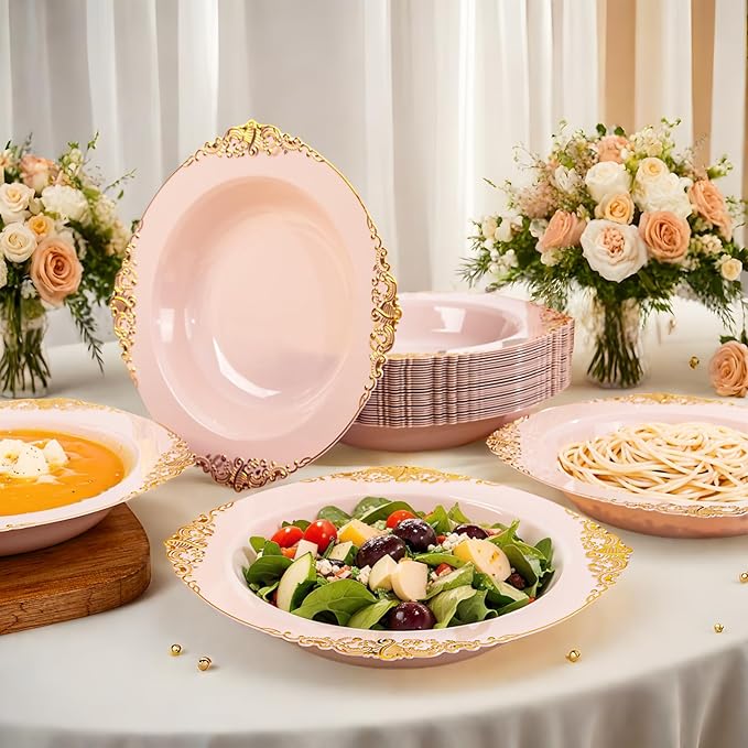 100PCS Pink Plastic Bowls - 12 oz Pink Gold Disposable Salad Bowls - Heavy Duty Disposable Soup Bowl - Fancy Plastic Ice Cream Bowl for Weddings Parties Dinners Picnics