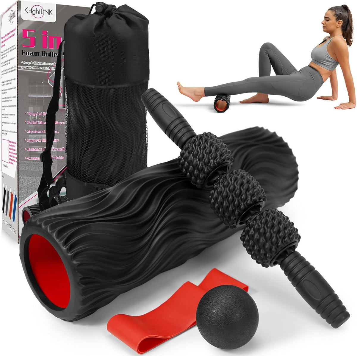 5-in-1 Foam Roller Set, Massage Roller Stick, Massage Ball, Resistance Band for Deep Muscle Massage, Trigger Point Release, Pilates, Yoga (Black-Wave)
