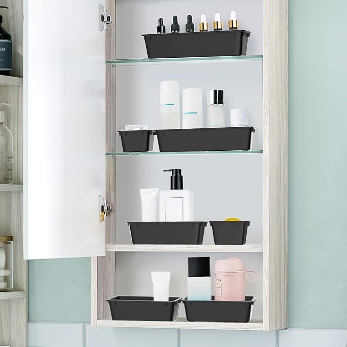 WOWBOX 25 PCS Plastic Drawer Organizer Set, Desk Drawer Divider Organizers and Storage Bins for Makeup, Jewelry, Gadgets for Kitchen, Bedroom, Bathroom, Office, Deep Black