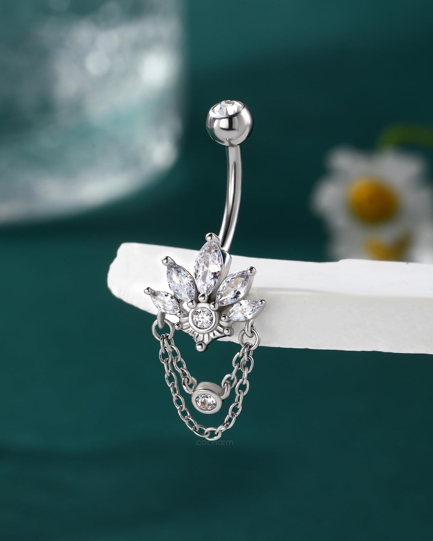 COCHARM 14G Lotus Belly Button Rings Dangle Belly Navel Rings for Women Surgical Steel Navel Piercing jewelry