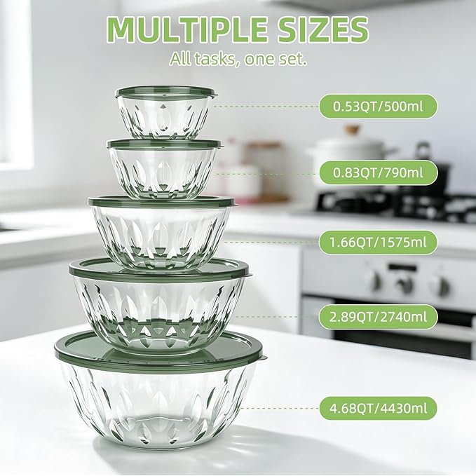 Luvan 5-Pack Glass Mixing Bowls with Lids Set - Leaf Pattern Clear Serving Bowls with Dark Green Translucent Lids, Nesting Borosilicate Salad Bowl, Dishwasher & Microwave Safe