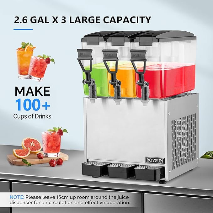 ROVSUN Commercial Beverage Dispenser 7.8 Gal/30L, Commercial Juice Dispenser Cold Drink Dispenser 10L X 3 Tanks Stainless Steel with Thermostat Controller for Home Restaurant Bar Party 110V/60HZ
