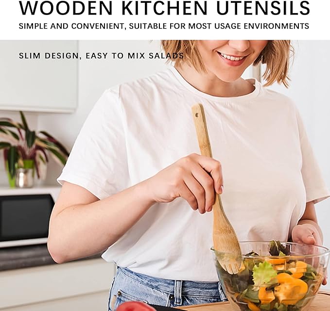 Wooden Spoons for Cooking, 5PCS Wooden Utensil Set Includes Slotted Spoon, Wooden Spoon & Wooden Spatula, Bamboo Cooking Utensils for Non-Stick Pans, Natural Bamboo Utensils