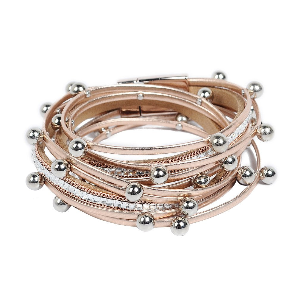 Artilady Leather Wrap Bracelet for Women - Handmade Clasp Bangle Bracelet with Pearl Beads Crystal Wristbands Jewelry Gift for Ladies and Mother