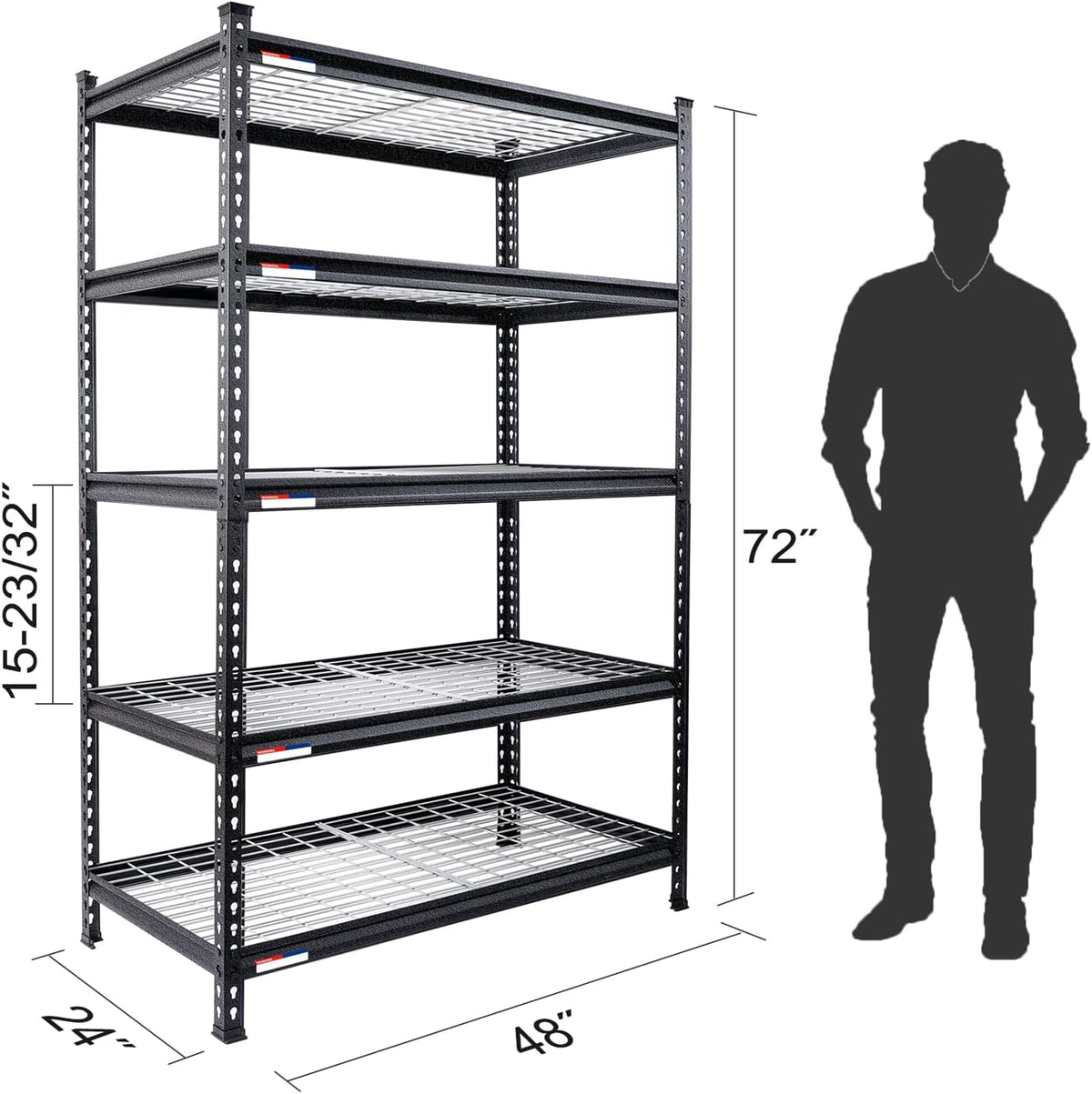 WORKPRO 5-Tier Metal Storage Shelving Unit, 48”W x 24”D x 72”H, Adjustable Storage Rack Heavy Duty Shelf, 4000 lbs Load Capacity (Total), for Garage, Kitchen, Bathroom, Warehouse, Black/Sliver, 2 Pack