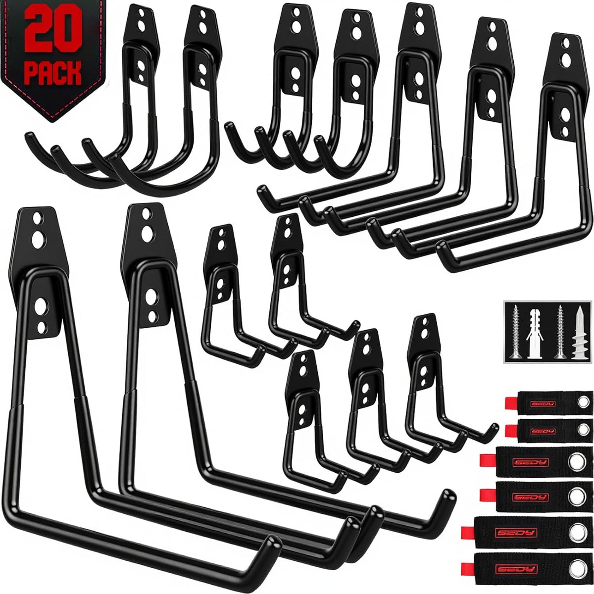 20 Pack Heavy Duty Garage Storage Hooks with Extension Cord Organizer, Solid Steel Wall Mount Hook Set with Anti-Slip Coating Utility J Hooks for Ladders,Bikes,Ropes,Broom,Garden,Yard and Power Tools