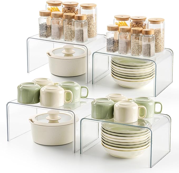Clear Spice Rack Shelves, Pantry Organizers and Storage Set of 4, Display Shelf Organizer, Room Bathroom Desk Shelf Countertop Organization and Storage, Ideal for Kitchen Cabinet Organizer Shelf
