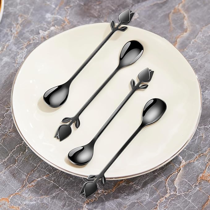 Black Tulip/Rose Handle 12-Pcs Mini Coffee Spoons Set - 6" Stainless Steel for Espresso, Tea, Dessert - Ideal for Demitasse & Small Servings