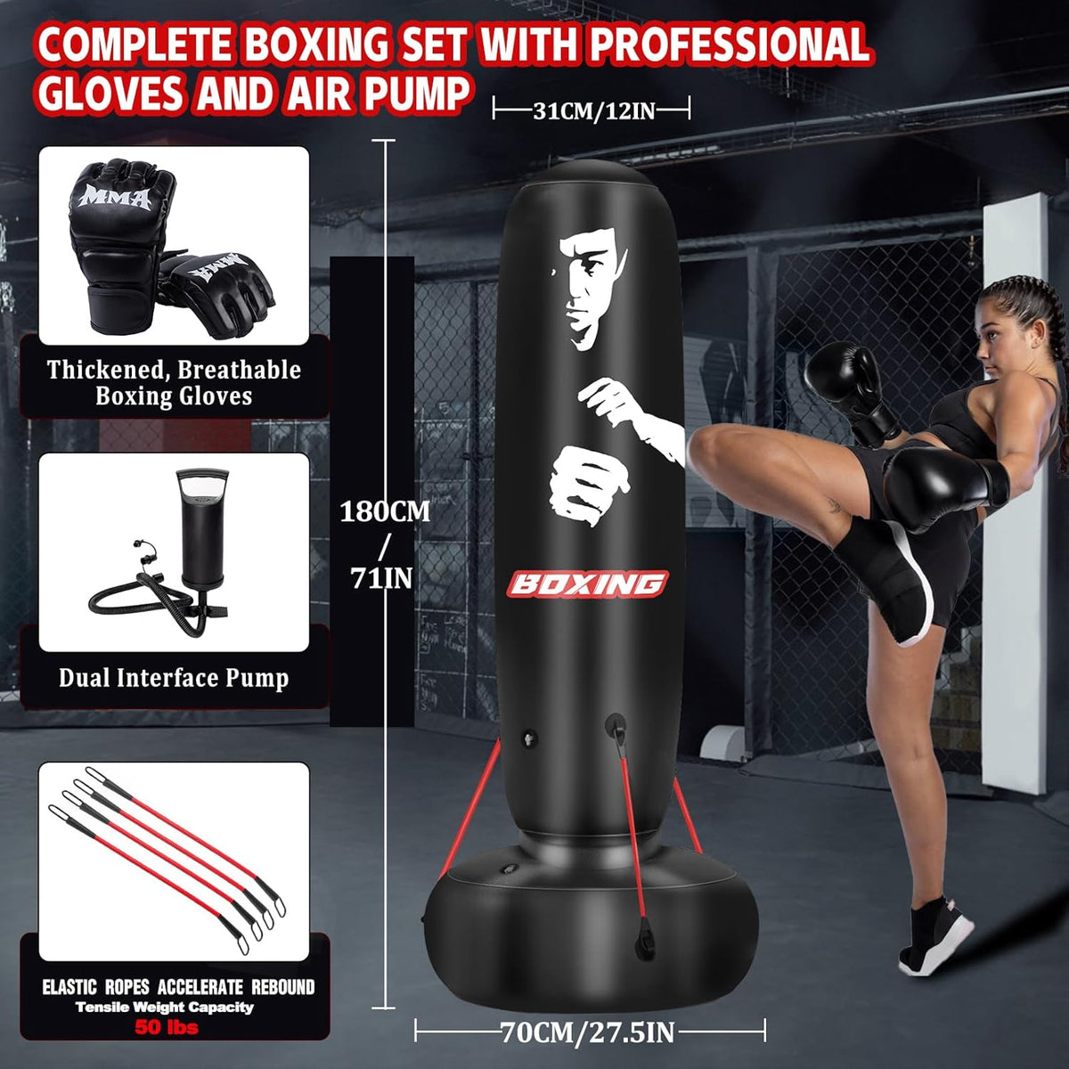 Punching Bag for Adults, 71" Boxing Bag with Stand and Fixed Rope,Free Standing Freestanding Punch Bag with Gloves and Pump, Inflatable Heavy Boxing Bag Set for Adults Teens Men Youth at Home Outdoor