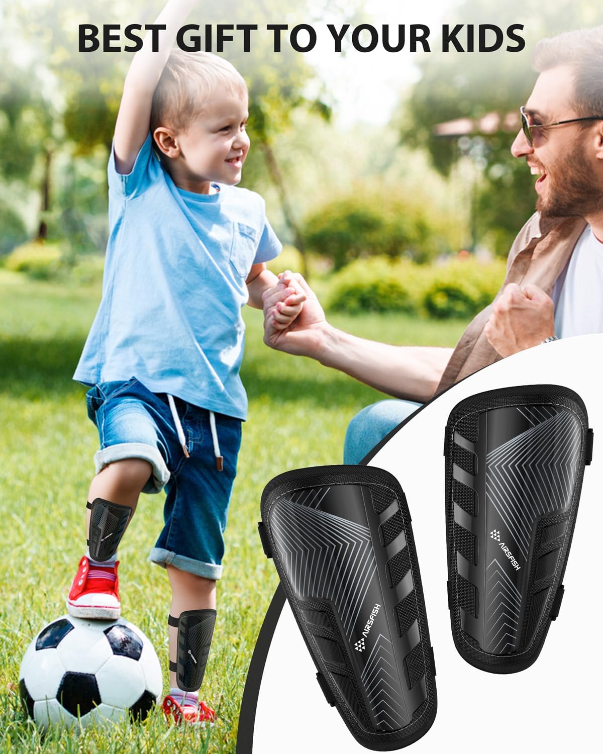 Shin Guards Soccer Kids Youth, CE Certified Airsfish Shin Guard Protection Gear for 2-18 Years Old Boys Girls Teenagers High Impact Resistant Breathable Comfortable 1 Pair 4 Sizes