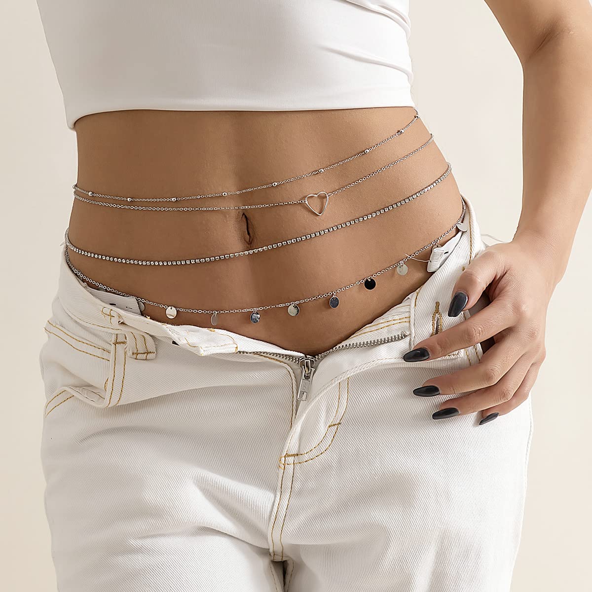 JFORYOU Waist Chain for Momen 4PCS Layered Belly Chain Jewelry Summer Beach Belly Waist Chain Adjustable Bikini Body Chain for Women