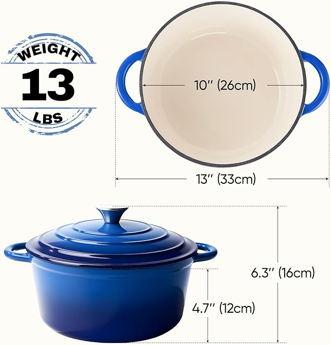6 Quart Dutch Oven Pot with Lid, Non Stick Enameled Cast Iron Dutch Oven for Bread Baking, Heavy-Duty, Oven Safe Ceramic Cookware Up to 500°F for Baking, Braising, Stews, Roasting, Blue