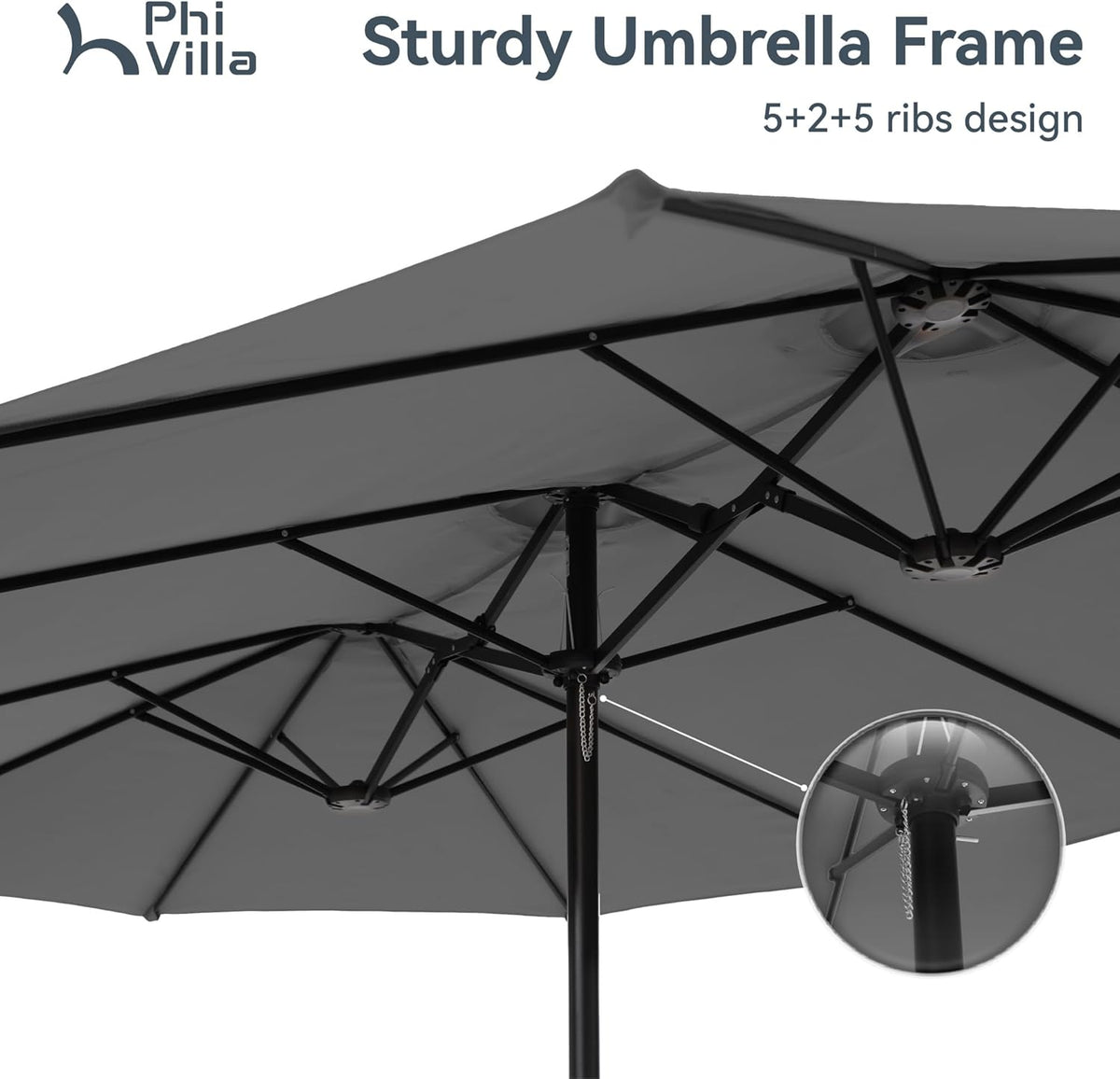 PHI VILLA 15ft Large Patio Umbrellas with Base, Outdoor Double-Sided Rectangle Market Umbrella for Pool Lawn Garden, Light Gray