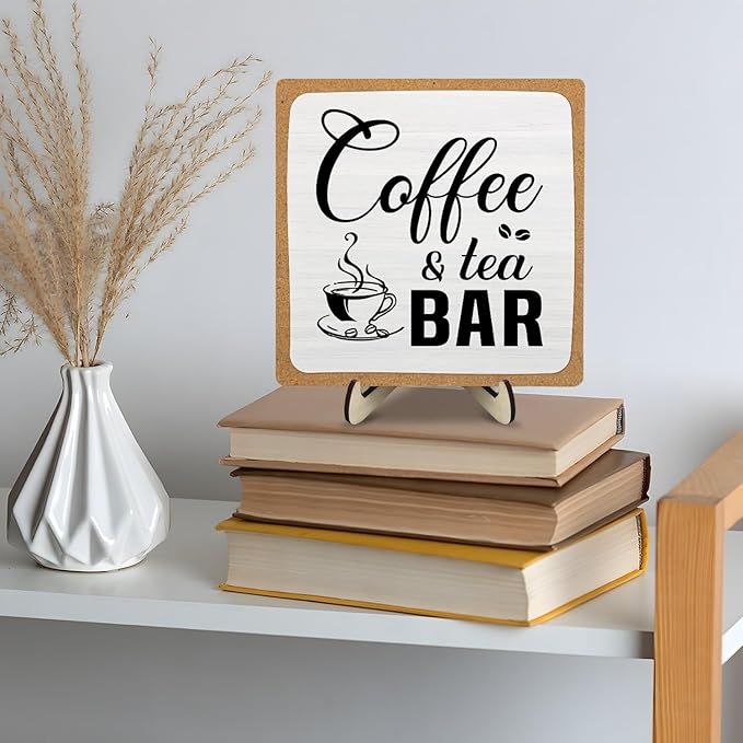 Rustic Coffee & Tea Bar Decor Sign,Funny Wooden Plaque for Cafe Bar,Coffee Station,or Shelf, Farmhouse Kitchen Cafe & Tea Accessories for Home or Office 5.9 x 5.9Inch(White+Brown04)