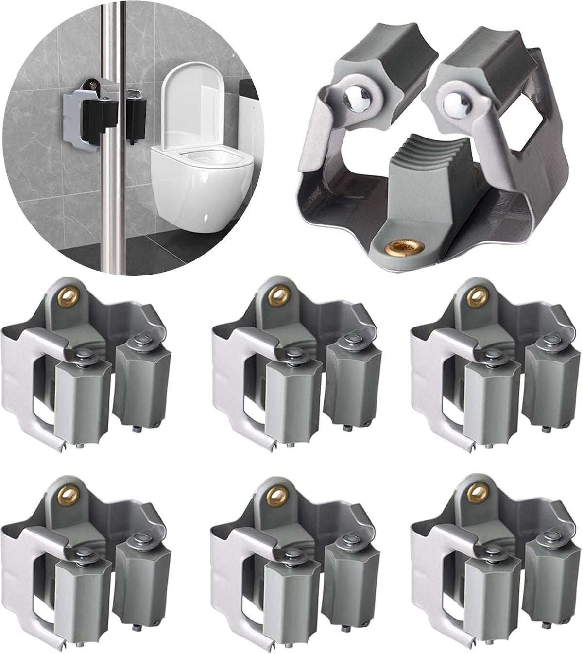 3-H Mop and Broom Holder Wall Mount 6 Pack, Broom Holder for Garage Garden Shed Storage System Laundry Room Home Kitchen Organization up to 1.45 Inch(grey)