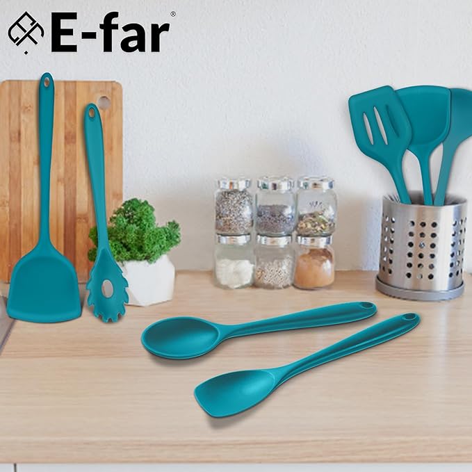 E-far 10 Pieces Silicone Cooking Utensils Set, Heat Resistant Kitchen Utensil Set for Nonstick Cookware, Kitchen Cooking Tools with Spatula, Spoon, Slotted Turner, Non-Toxic & Dishwasher Safe (Blue)