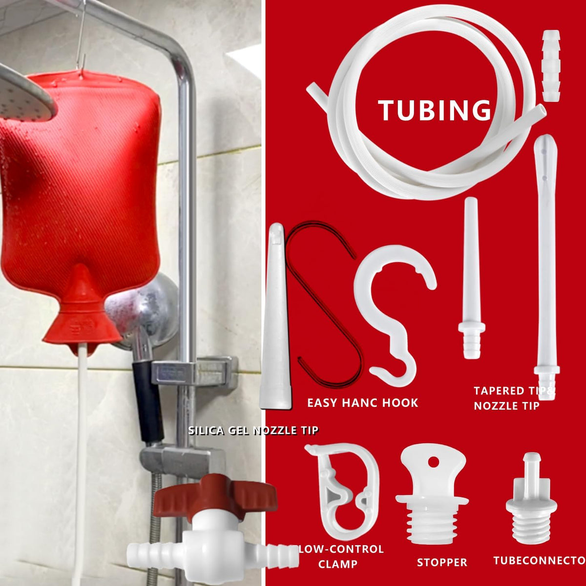 2 L Home Enema Bag Kit with 2 Enema Tips,60 inch Long Silicone Hose, Controlable Water Flow Valve, Hot-Water Bottle for Colon Cleansing Enemas (Upgraded-red)