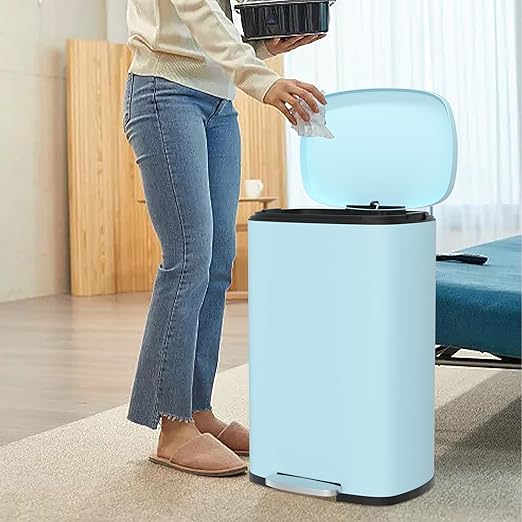 50 Liter / 13 Gallon Kitchen Trash Can with Lid, Stainless Steel Trash Can with Foot Pedal and Plastic Inner Bucket, Fingerprint-Resistant Soft Close Lid Garbage Can, Odor Proof and Hygienic, Blue