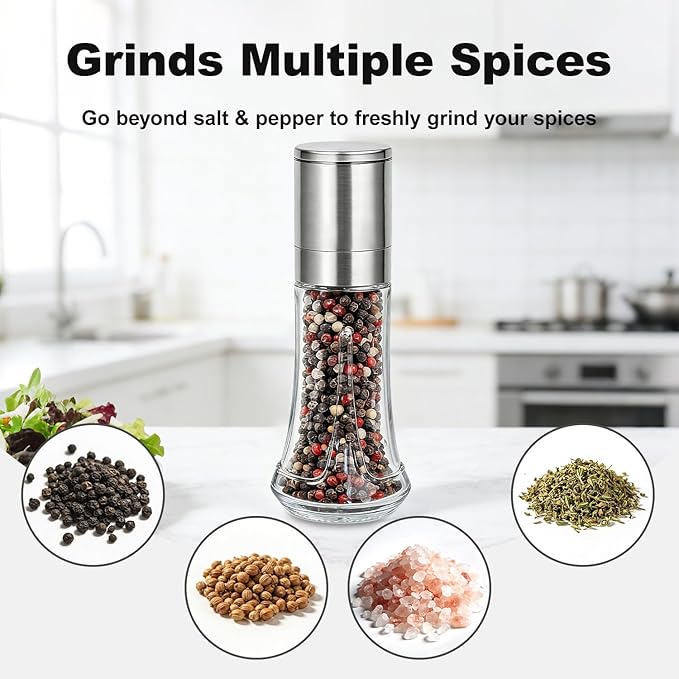 Aelga Pepper Grinder with Silicone Funnel - 4oz Glass Manual Mills with Adjustable Ceramic Core, Refillable Kitchen Gadget